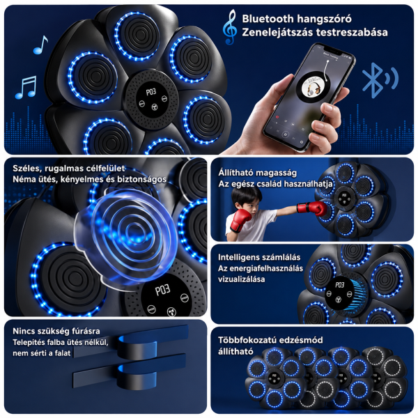 Bluetooth zenélő boxgép falra – LED reflexfejlesztő box tréner 9 ritmus móddal 40×40×6 cm (BBJ)