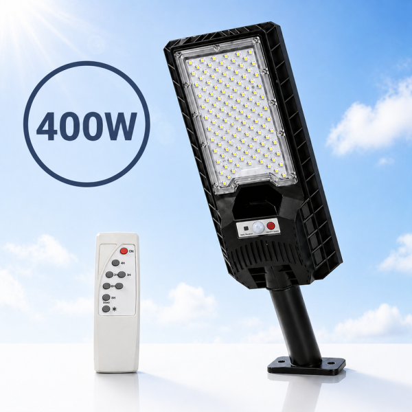 Hayami KL25-282A 400W napelemes utcai LED lámpa – távirányítós kültéri solar világítás IP65 védelemmel (BBD)
