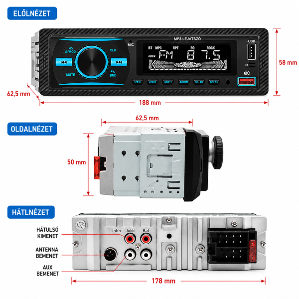 Modern autórádió Bluetooth kapcsolattal – MP3/USB/SD támogatás és LCD Kijelző (BBL)