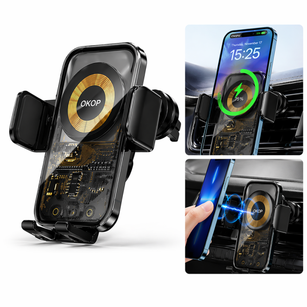 Okop KP-921 autós telefontartó – 15W vezeték nélküli gyorstöltő, Qi kompatibilis mobil tartó autóba (BBD)