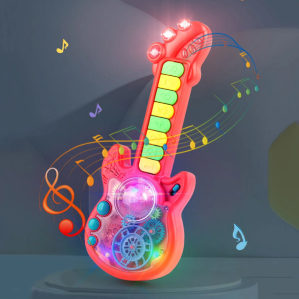 RockManó piros zenélő gitár gyerekeknek – interaktív érzékszervi fejlesztő játék 29×11 cm (BBJ)