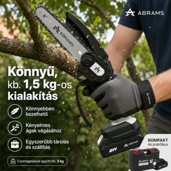Abrams SP-100 6”-os akkumulátoros mini láncfűrész fához – 800W, 2×21V akkus metszőfűrész készlet (BBL-M)