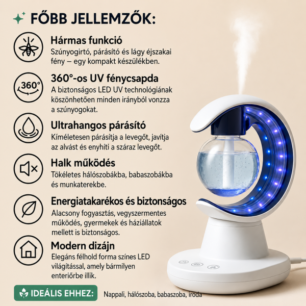 Hold alakú elektromos szúnyogirtó lámpa párásítóval és LED éjszakai fénnyel – fehér (BBM)