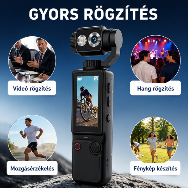 OZCT Q8 4K vlog kamera – Ultra HD zsebkamera 3 tengelyes stabilizátorral és forgatható érintőkijelzővel (BBD)