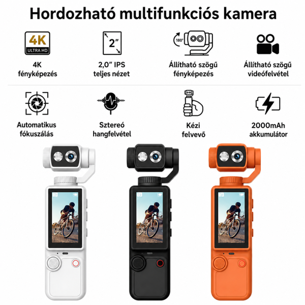 OZCT Q8 4K vlog kamera – Ultra HD zsebkamera 3 tengelyes stabilizátorral és forgatható érintőkijelzővel (BBD)