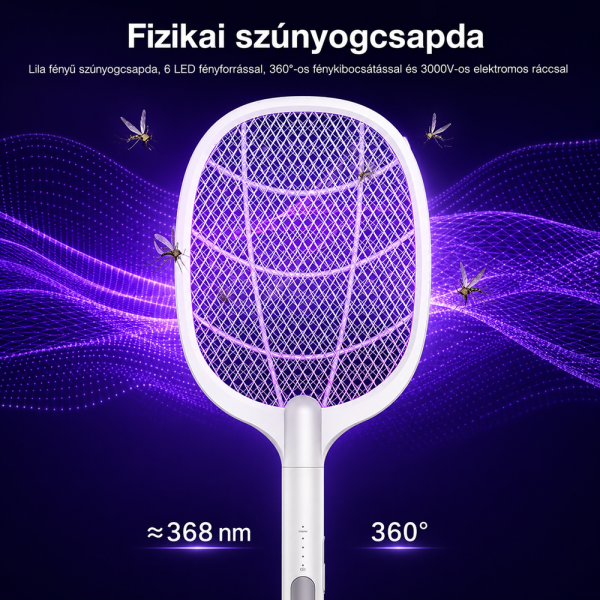 YPD LTD-618 elektromos szúnyogirtó ütő állvánnyal – újratölthető USB-C rovarcsapda 1200 mAh akkumulátorral (BBD)
