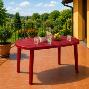 Parla műanyag ovális kerti asztal 135 × 84 cm – 6 személyes kültéri étkezőasztal – Bordó (LR) 2